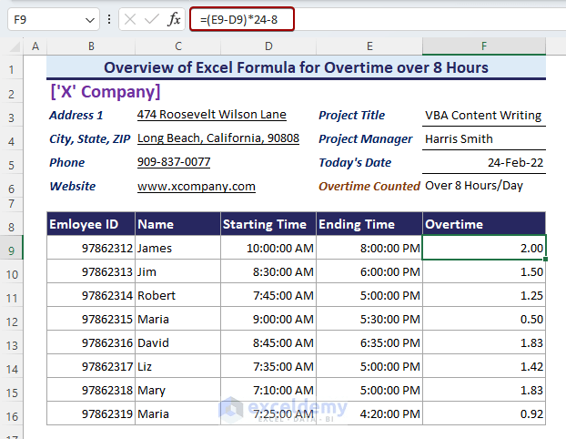 6 Best Excel Formula To Calculate Overtime Over 8 Hours