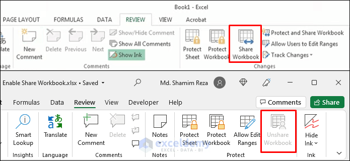 How to enable share workbook in excel