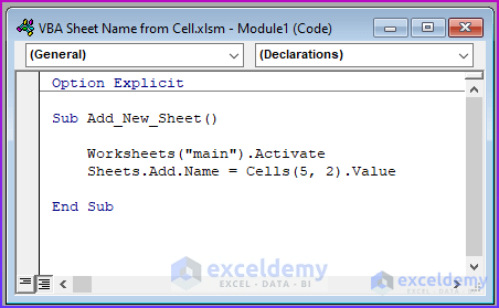 How to add sheet with name from cell using excel vba