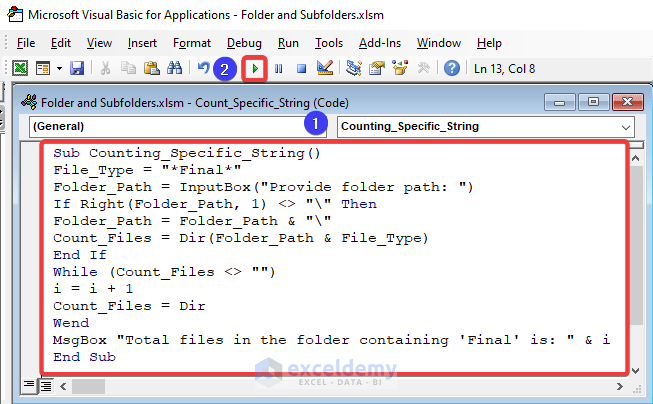 Using excel vba to count files in folders and subfolders
