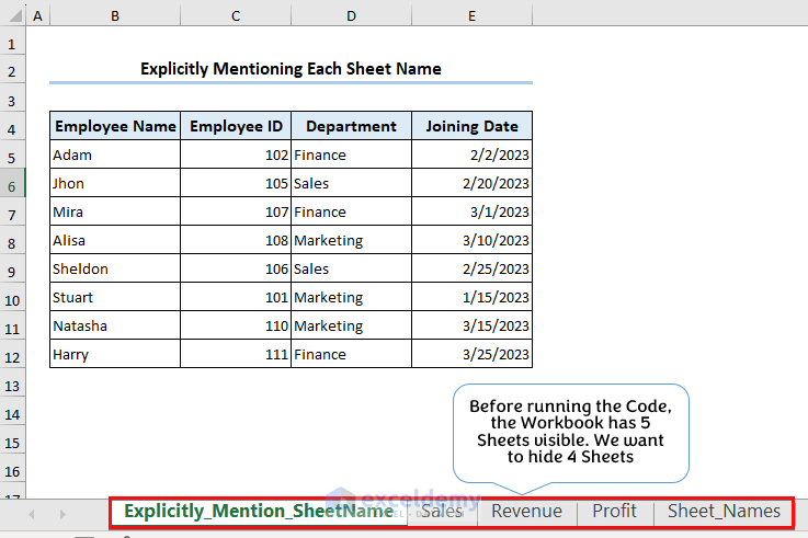 Using excel vba to hide multiple sheets