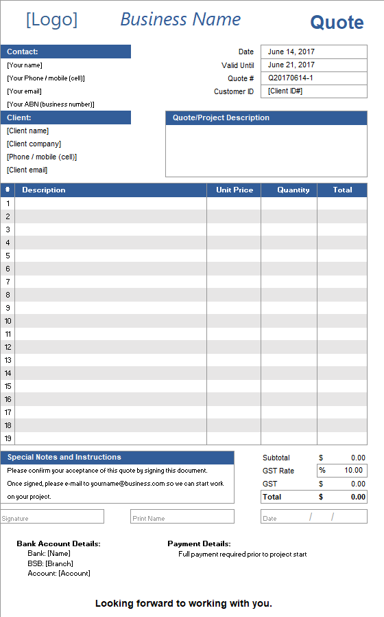 Quote Template Excelsupersite