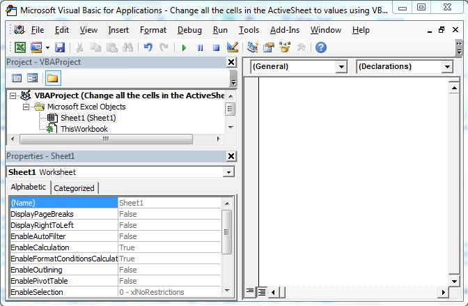 Change all the cells in the activesheet to values using vba in microsoft excel