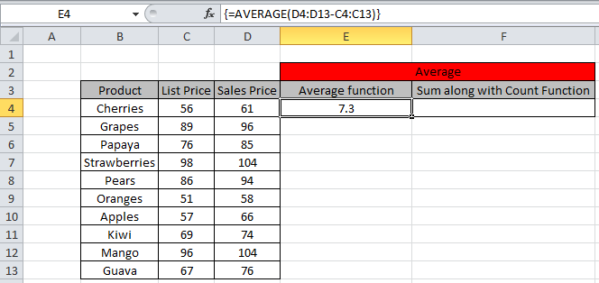 The average function simply calculates the average of the selected numbers or digits in the same logic as we used to do in mathematics. Calculating The Average Difference Between List Price And Sale Price In Microsoft Excel