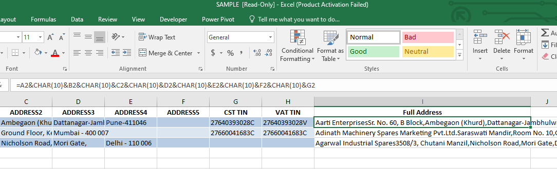 Excel char(10) not working. how to solve it?