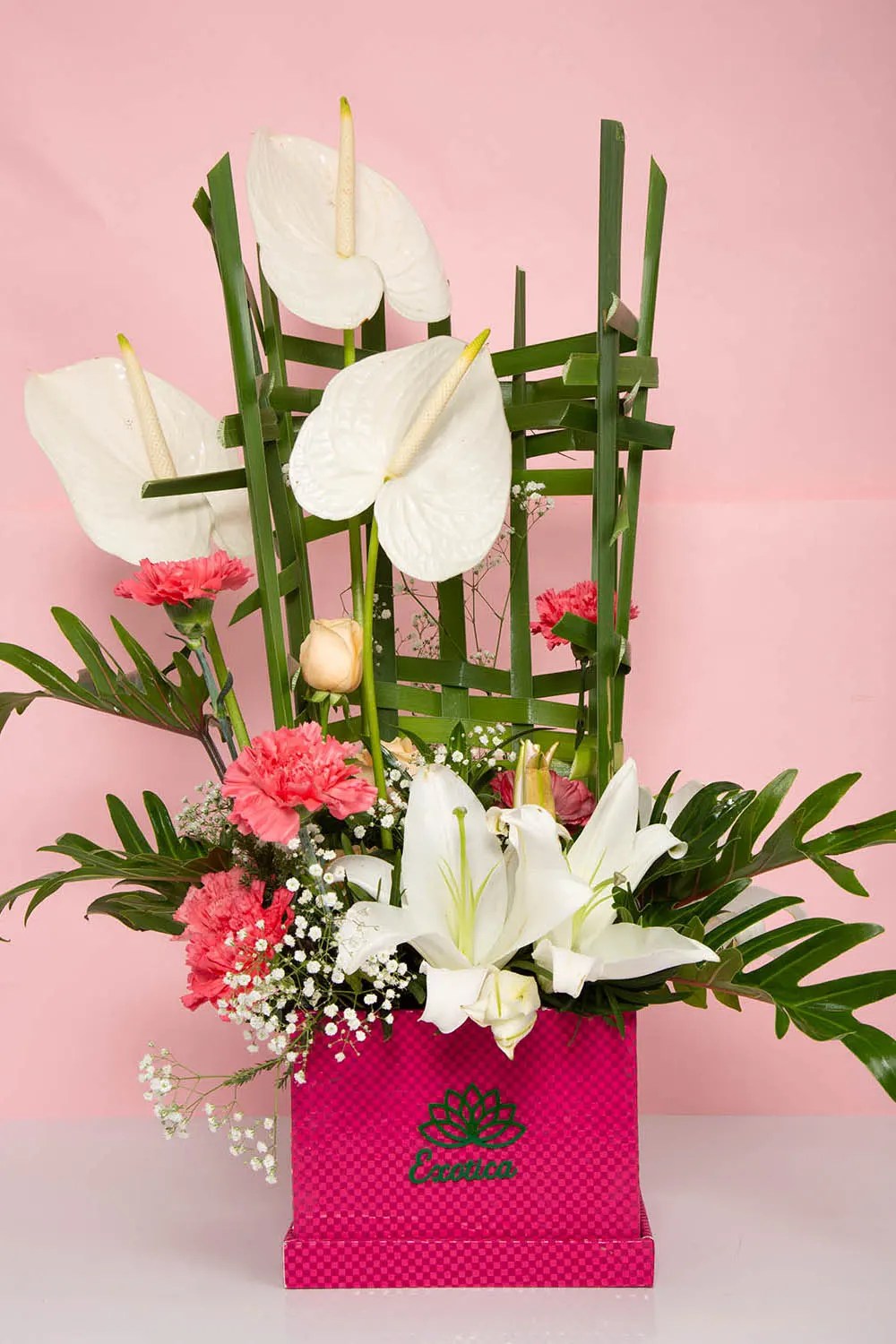 Same Day Cube Box of Lily, Anthuriums & Carnations