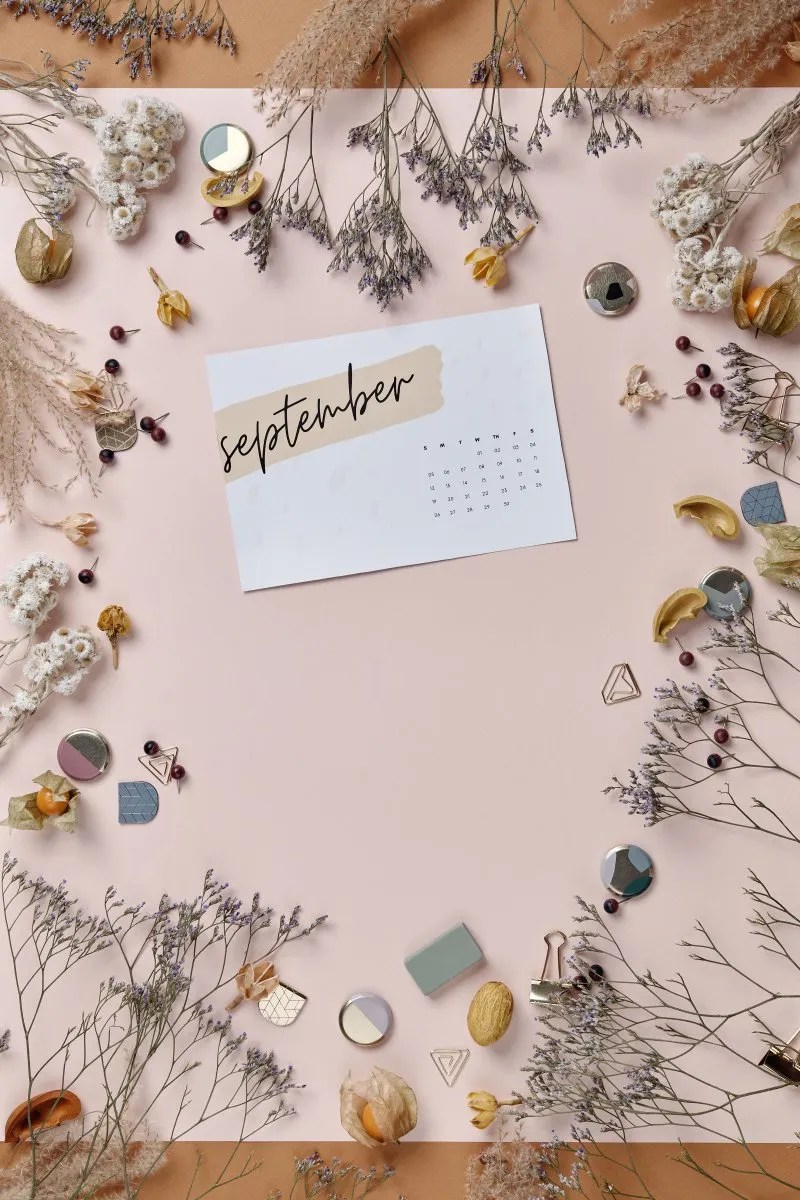 A minimalist September calendar surrounded by dried flowers and natural elements.