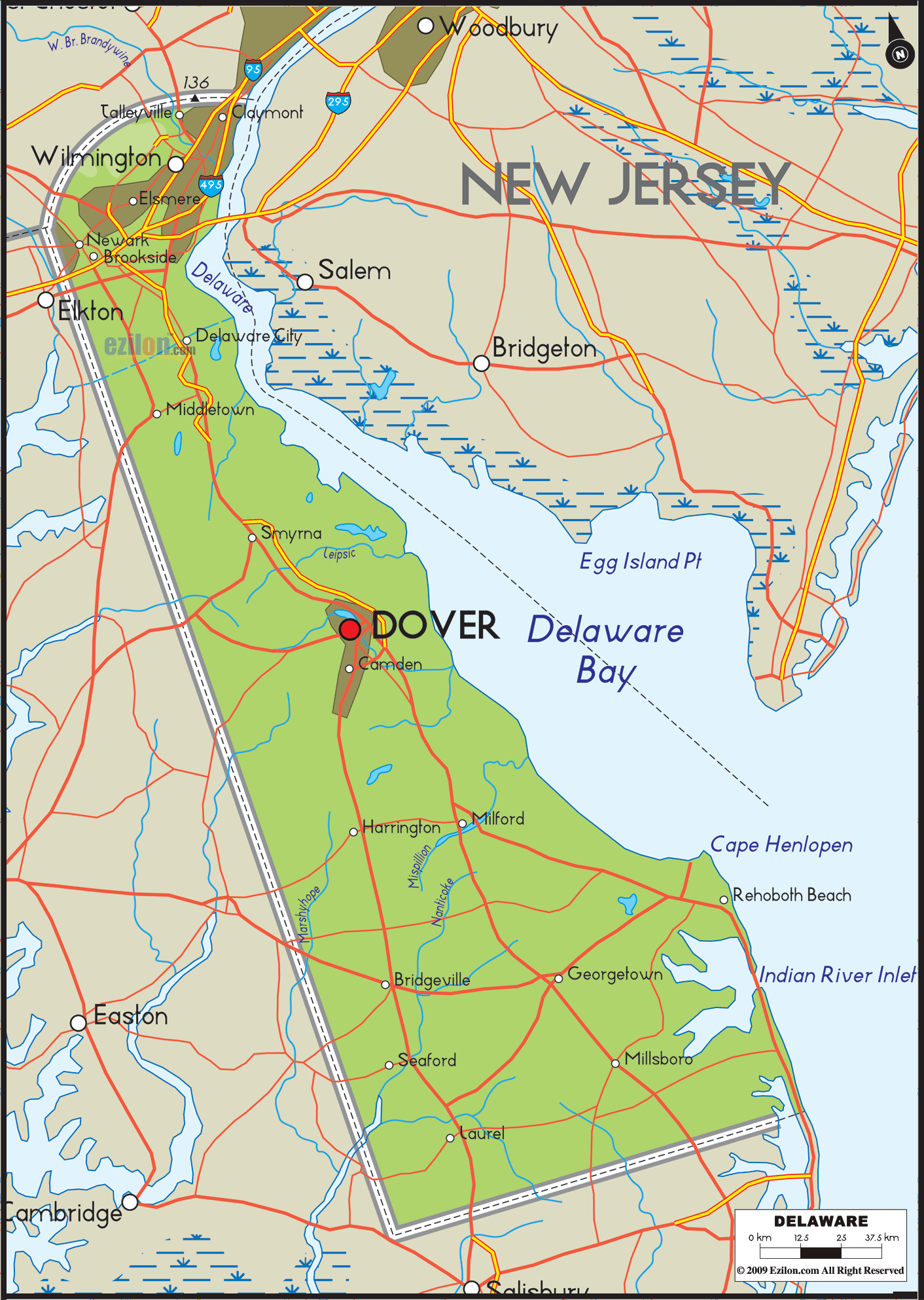 Delaware physical map: elevation and topographic map showing coastline