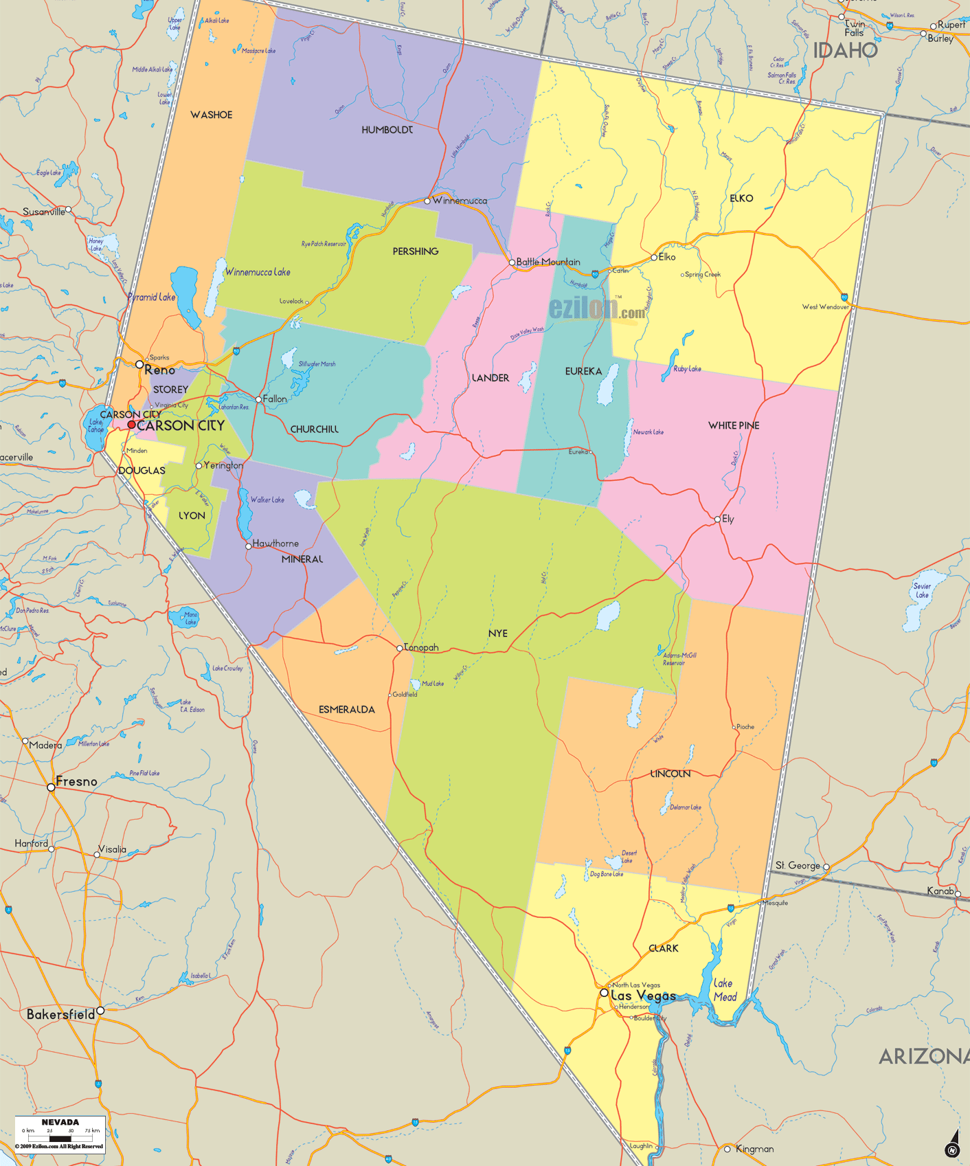 Detailed Political Map Of Nevada Ezilon Maps All For One Nevada County Map 