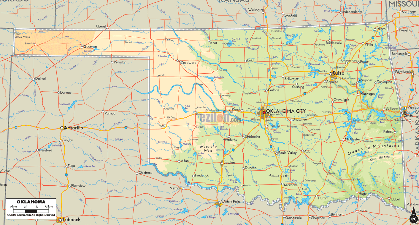 Physical Map Of Oklahoma Ezilon Maps Oklahoma Physical Map 