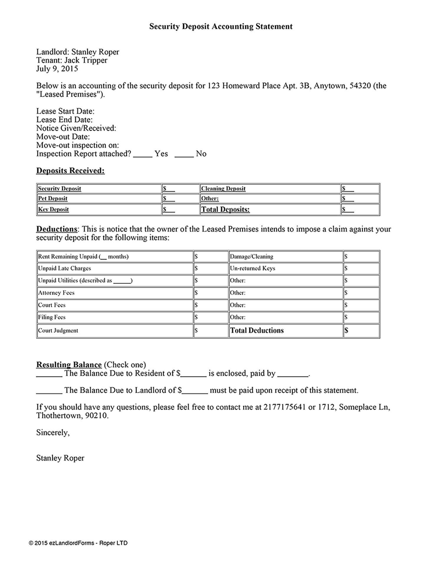 Security Deposit Accounting Statement Ezlandlordforms