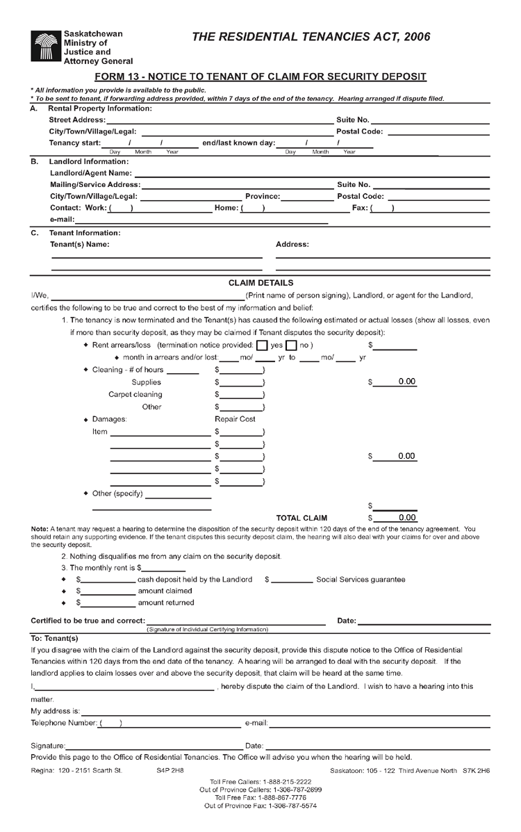 Sk Form 13 Notice To Tenant Of Claim For Security Deposit Ezlandlordforms