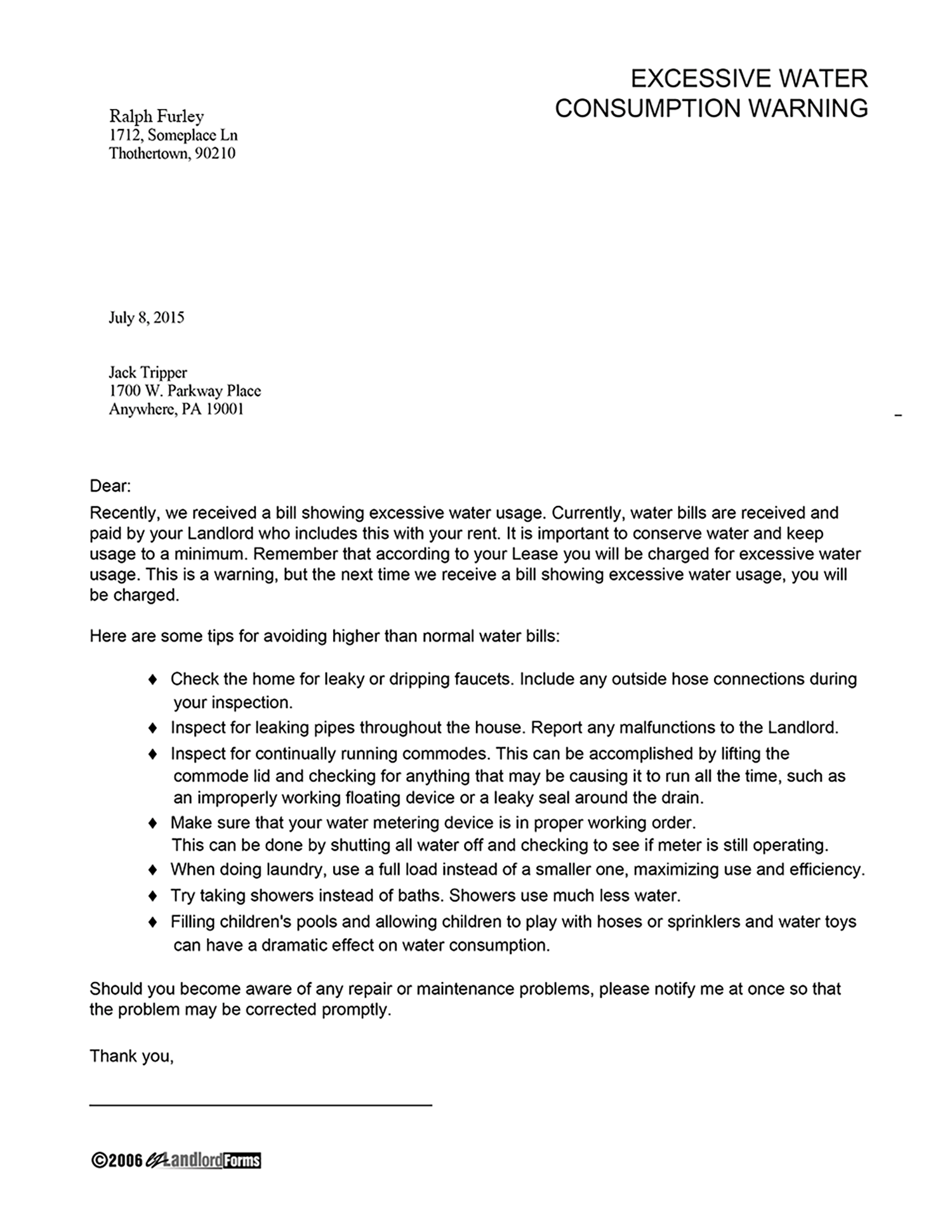 Excessive Water Consumption Warning Ezlandlordforms