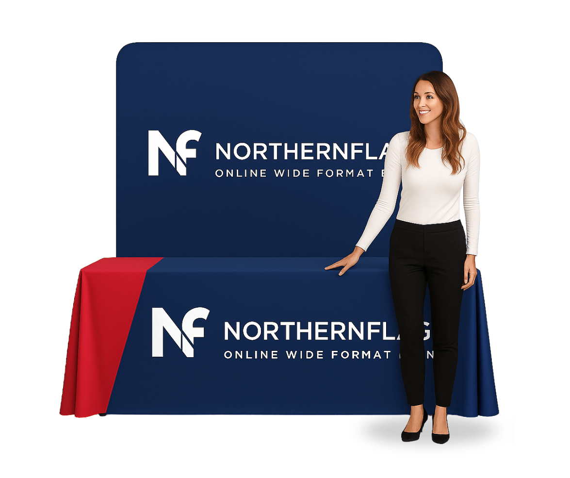 Fabric Printing - Branded and Printed Tablecloth with a Branded Backdrop - A beautiful exhibition stand display