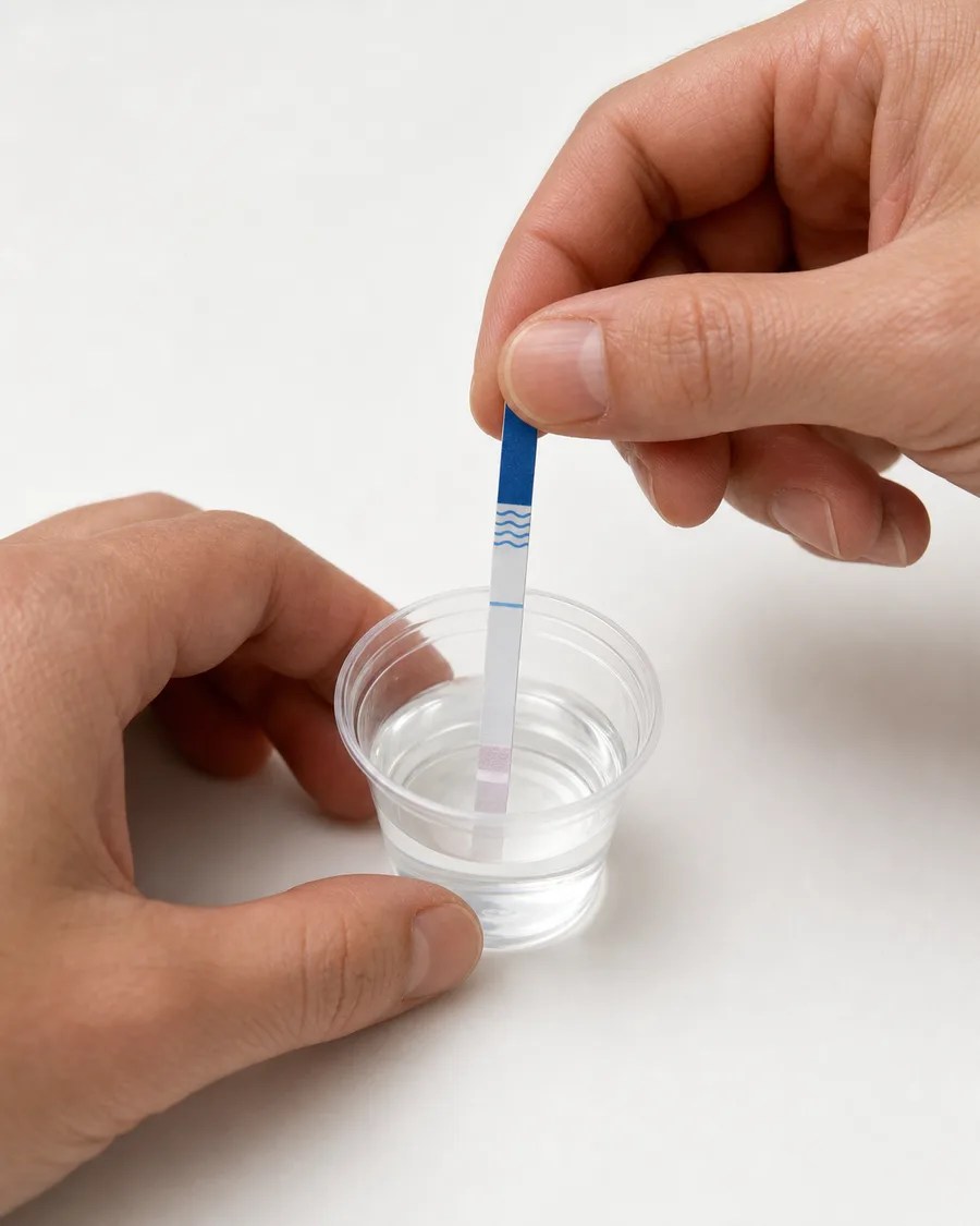 Hands dipping a fentanyl test strip into a small cup of water to check a substance for fentanyl contamination. AI-generated illustration for education — not a photograph of a real person.