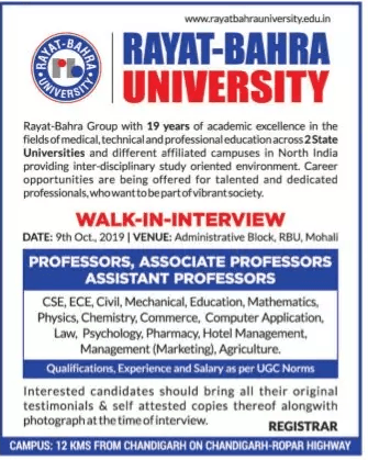 Rayat Bahra University Chandigarh Wanted Professor Associate