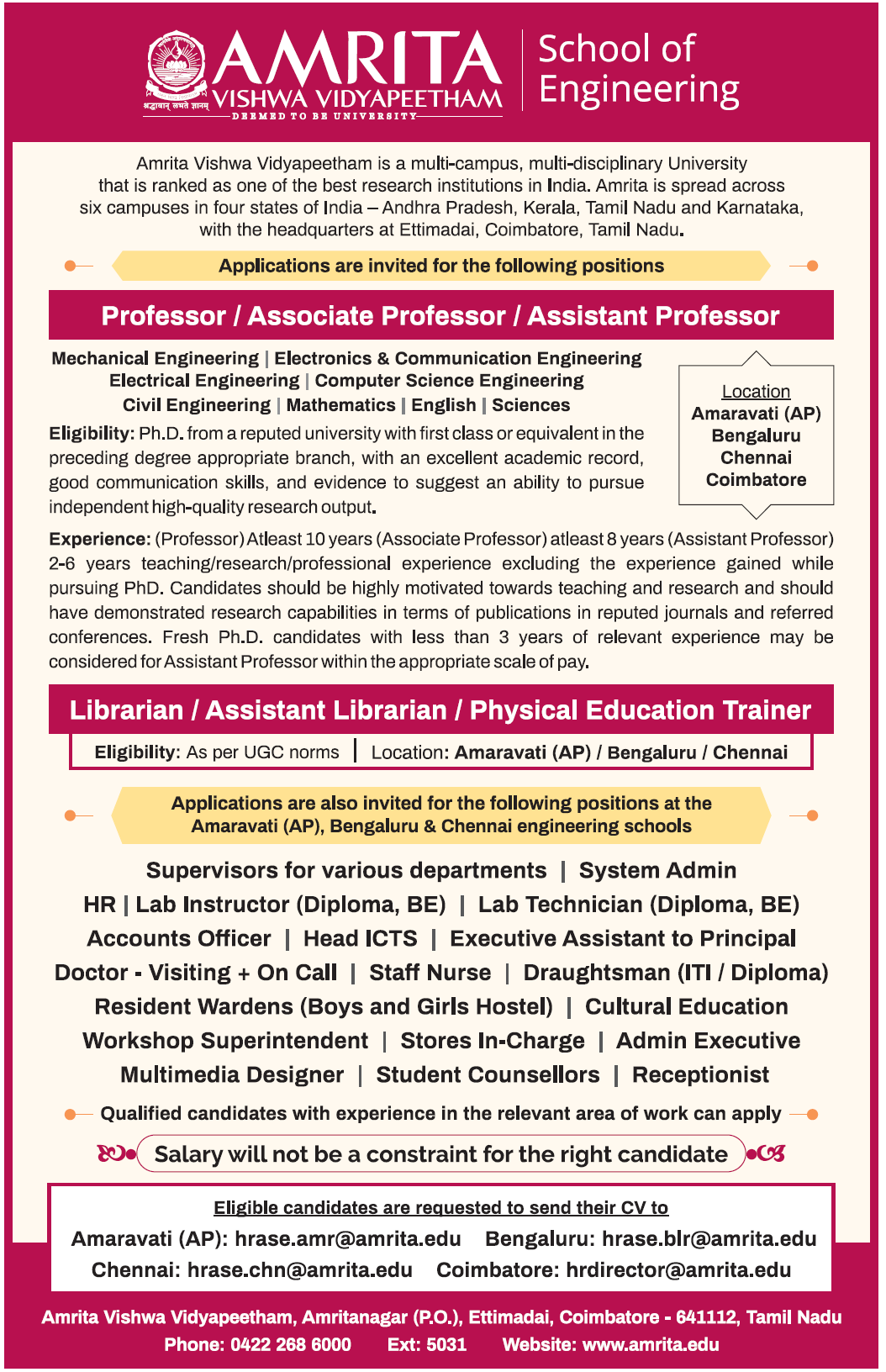 Amrita Vishwa Vidyapeetham Faculty Recruitment Amaravati Ap