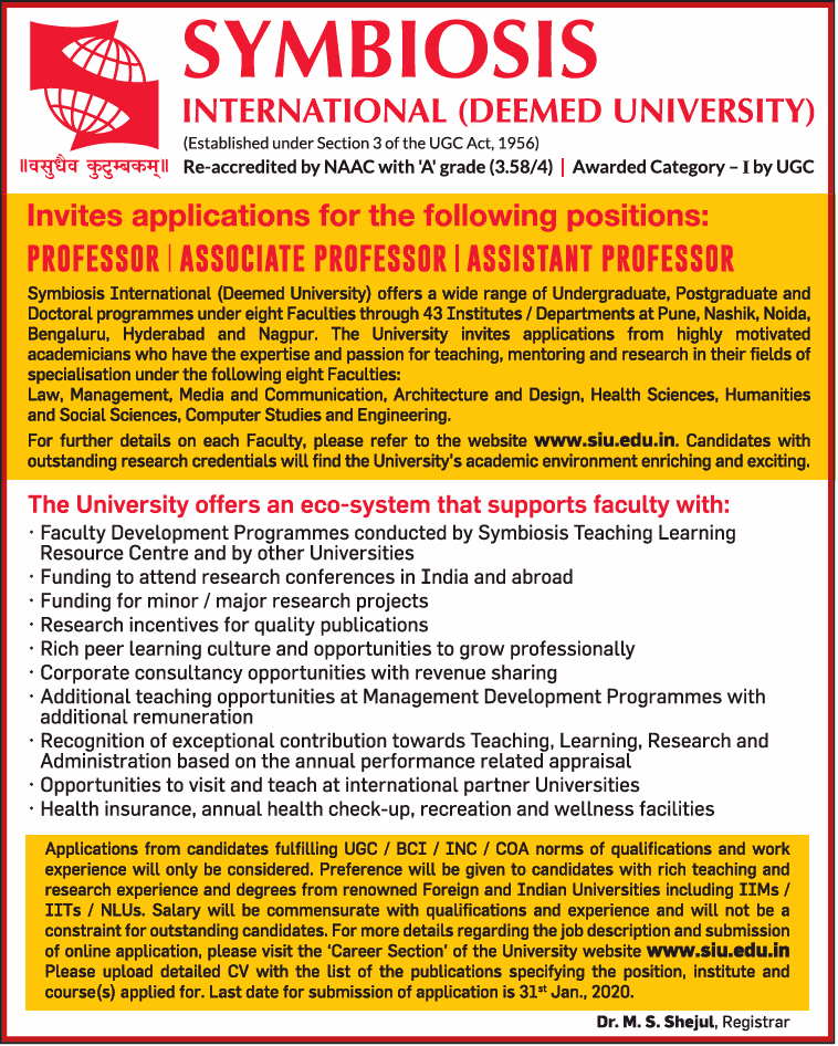 Faculty Recruitment At Symbiosis International Deemed University Pune