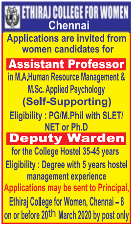 Ethiraj College For Women Chennai Wanted Assistant Professor