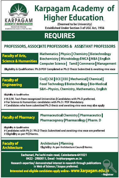 Karpagam Academy Of Higher Education Coimbatore Wanted Associate