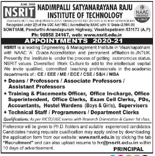 Teaching Jobs Non Teaching Jobs At Nadimpalli Satyanarayana Raju