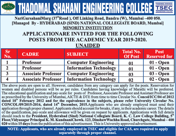 Thadomal Shahani Engineering College Mumbai Wanted Professor