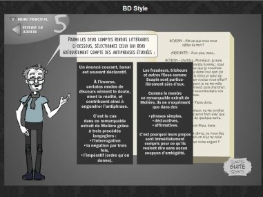 À gauche, un personnage de bande dessinée avec des lunettes montre une bulle contenant un texte en français sur l'analyse littéraire. À droite, une page avec du texte surligné et des notes manuscrites est affichée. L'arrière-plan est un motif gris foncé.