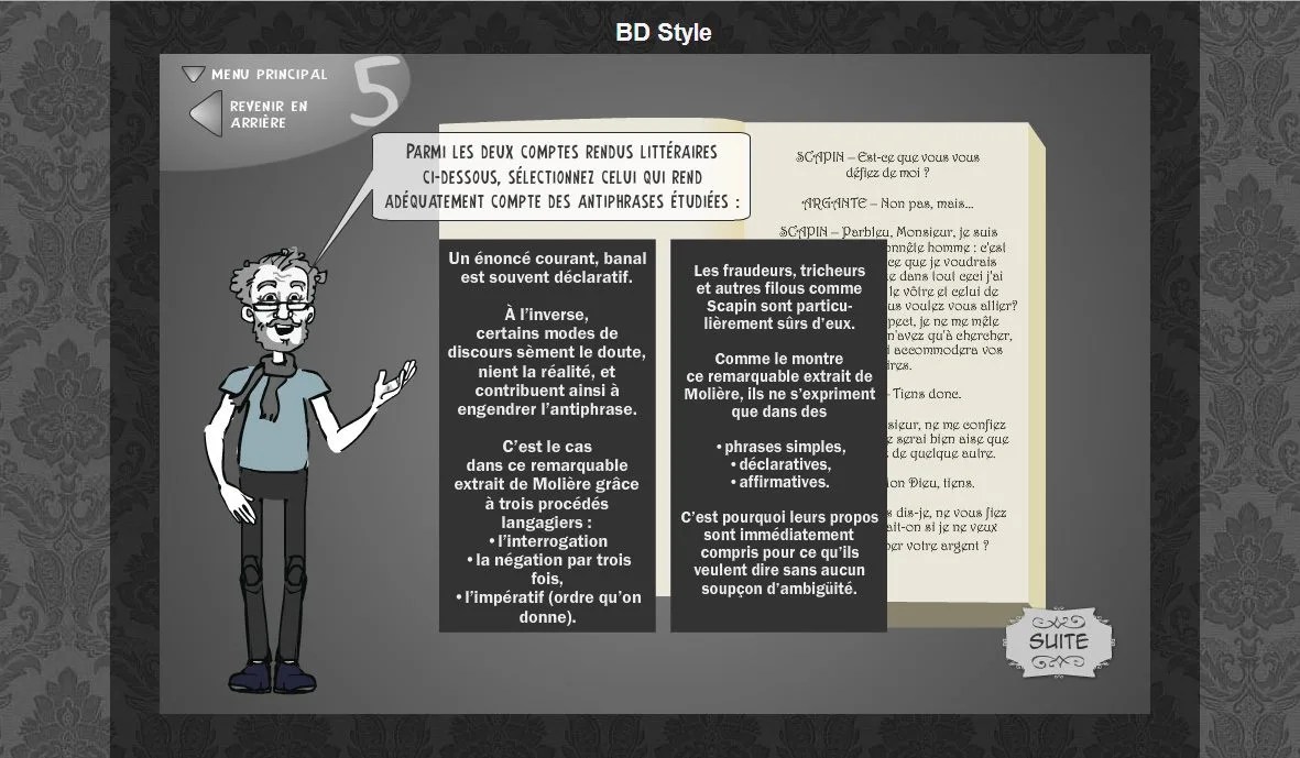 À gauche, un personnage de bande dessinée avec des lunettes montre une bulle contenant un texte en français sur l'analyse littéraire. À droite, une page avec du texte surligné et des notes manuscrites est affichée. L'arrière-plan est un motif gris foncé.