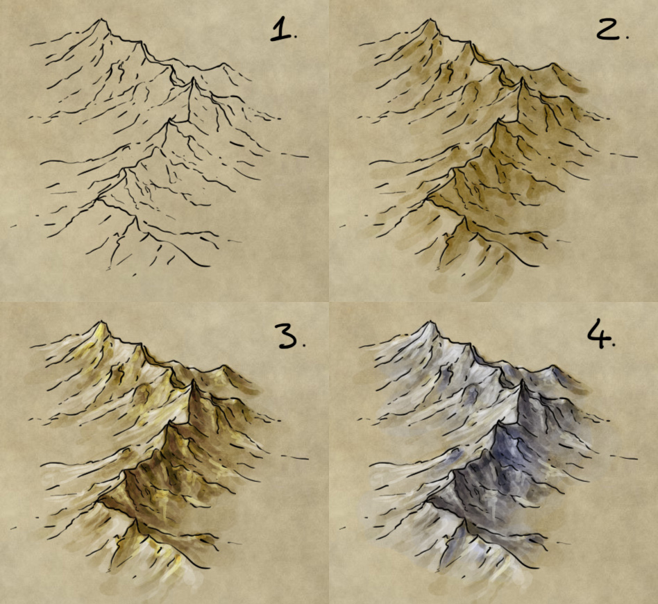 How to draw, shade, and colour a mountain range