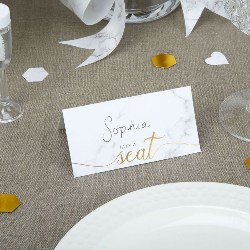 25 White Marble Design Place Cards