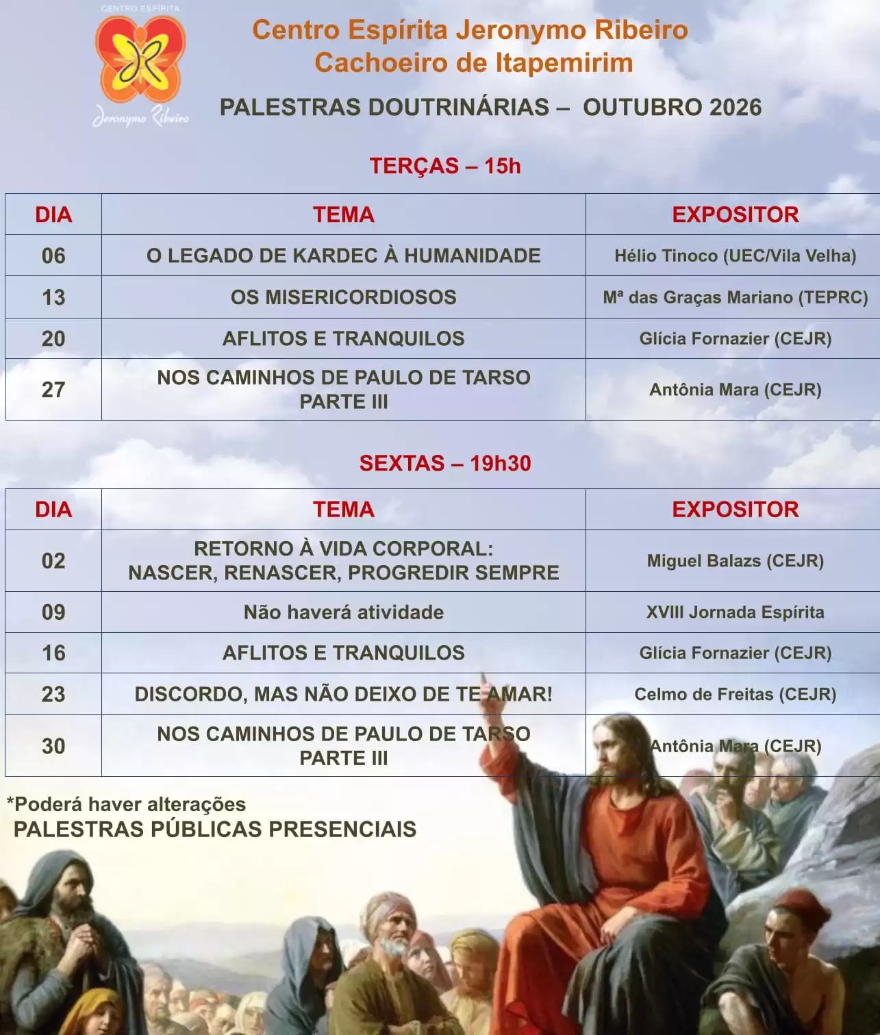 Programação do mês da Centro Espírita Jeronymo Ribeiro – CEJR