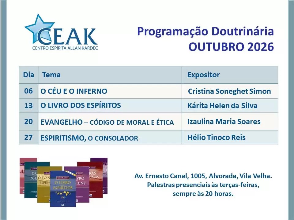 Programação do mês da Centro Espírita Allan Kardec – CEAK