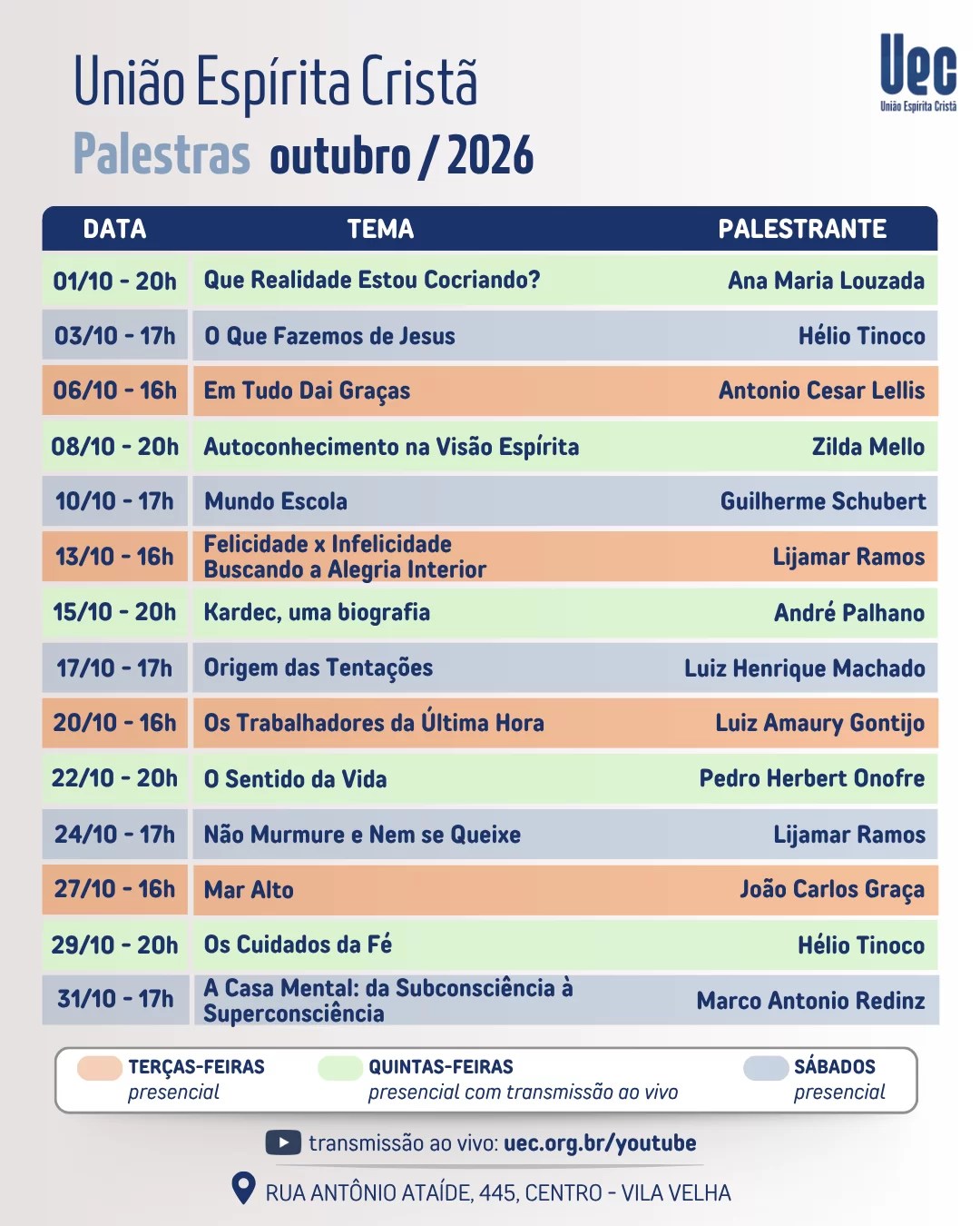 Programação do mês da União Espírita Cristã – UEC