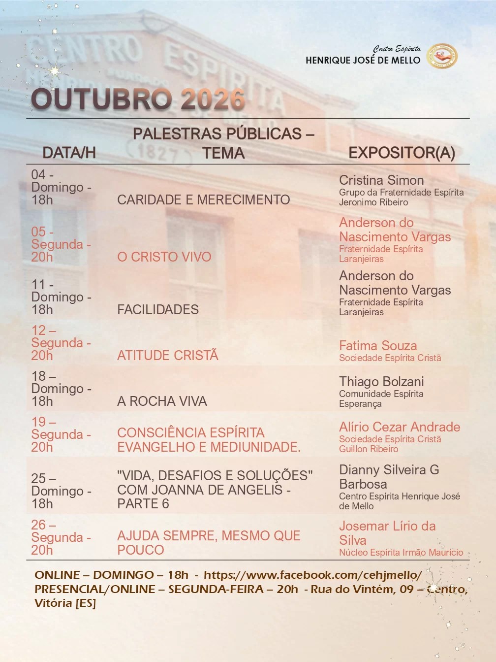 Programação do mês da Centro Espírita Henrique José de Mello – CEHJM