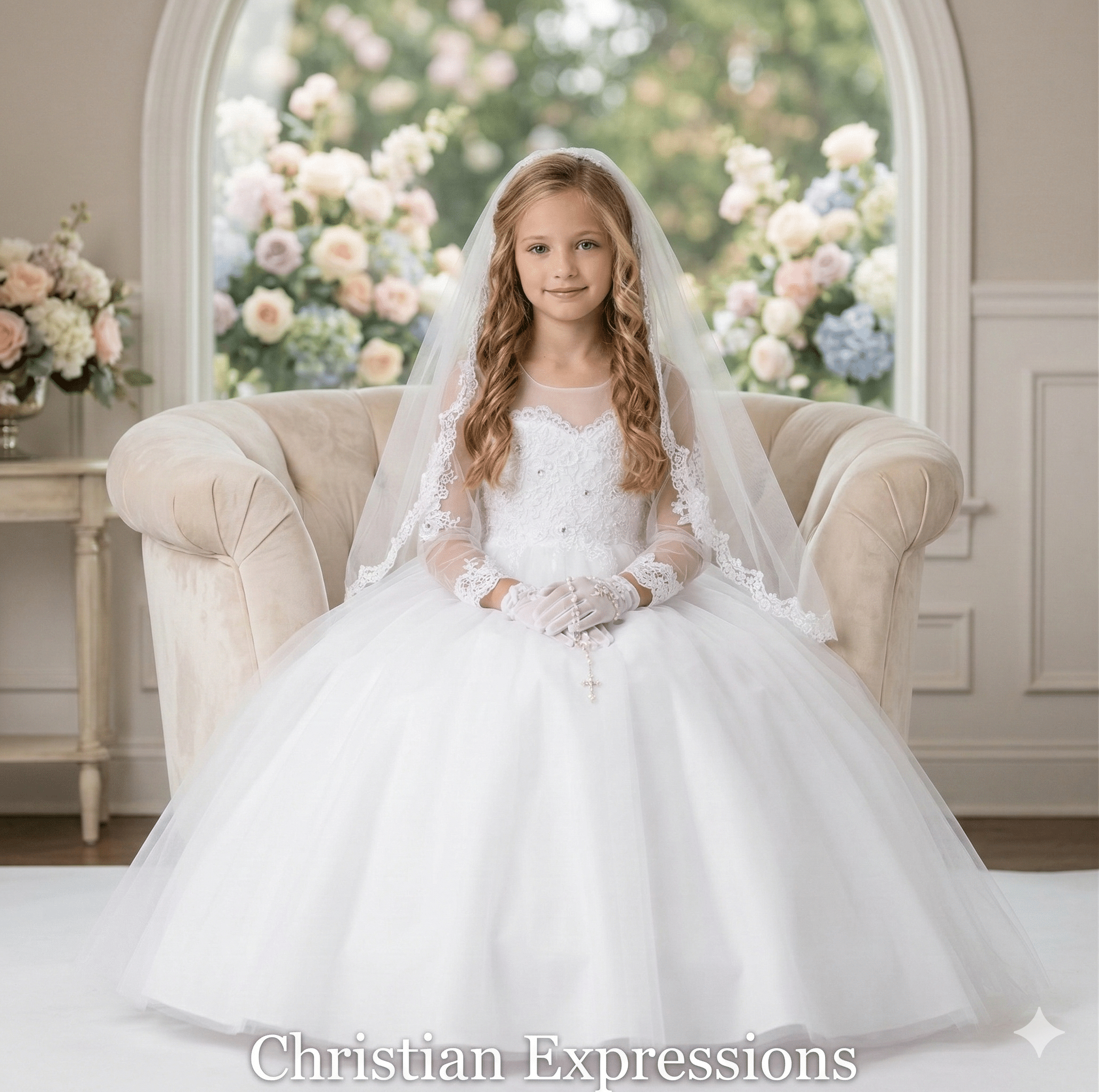 Long Sleeves Holy Communion Dress with with Detachable Train -  FirstCommunions.com