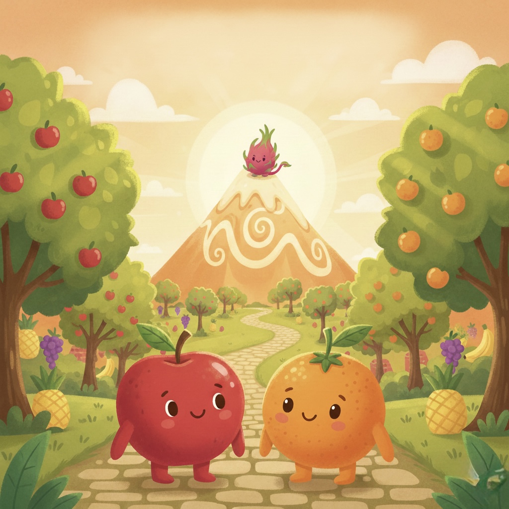 Andy the Apple and Ollie the Orange in a sunny orchard