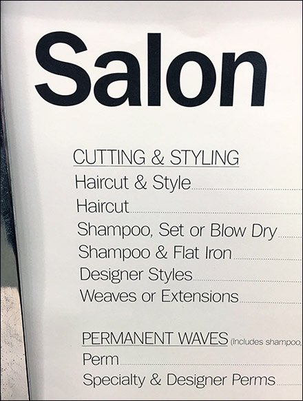 Salon Services Menu Sign At BonTon