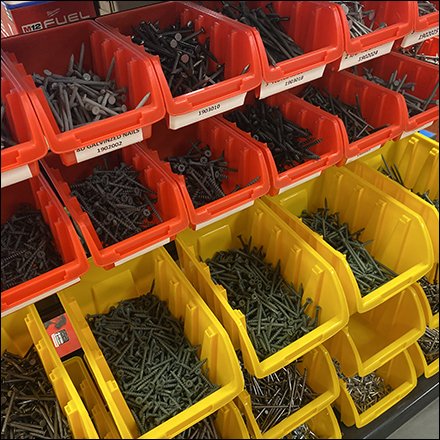 Color-Coded Fastener Bin Display For Nail and Screw Sales