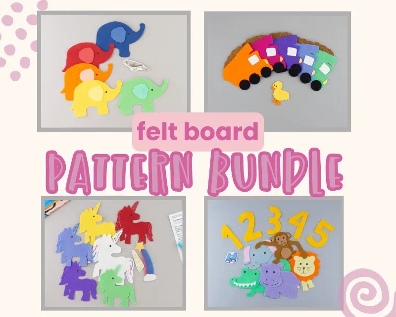 Four felt board patterns including colorful elephants unicorns, trucks and wild animals. In the middle are the words Felt Board Pattern Bundle