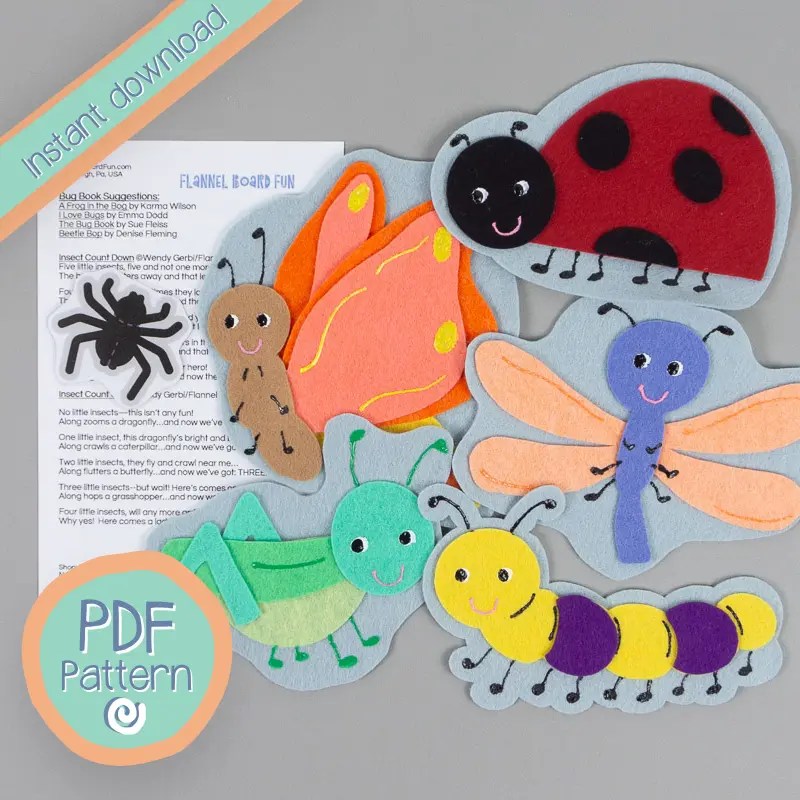 Felt board insects spread out on a light gray background, with the words Instant Download and PDF pattern in the corners