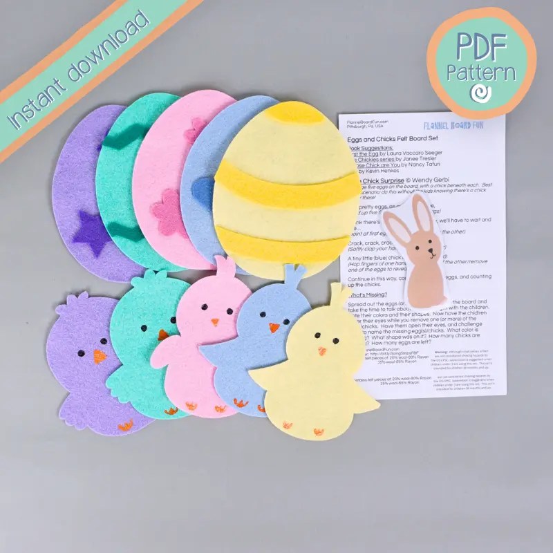 Five pastel eggs and five pastel chicks on a gray background, with PDF Pattern and Instant Download along the edges.