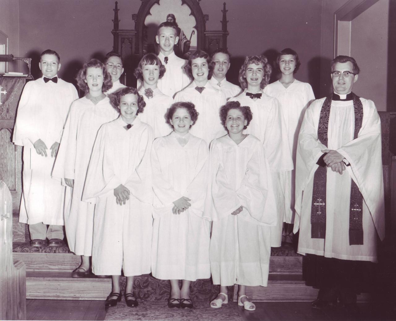 1953 1st row: Willajean Oehlerking, Diane Davis, Dollie Matz 2nd row: Mary Oehlerking, Karen Loeseke, Phyllis Lauritsen, Janice Tebben 3rd row: Ty Hirschbach, Jimmy Schmidt, Duane Garner, Fred Curtis, Kay Hirschbach