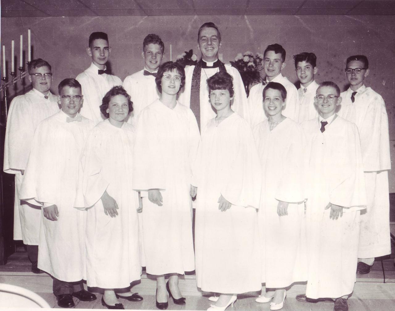 1959 1st row: Maurice Smith, Maxine Reed, Mona Bailey, Connie Anderson, Diane Suter, Donald Matney 2nd row: Eugene Flair, Alvin Levine, Clarence Francisco, Rev. Jensen, Rex Olson, Ernest Harrigfeld, Paul Madison
