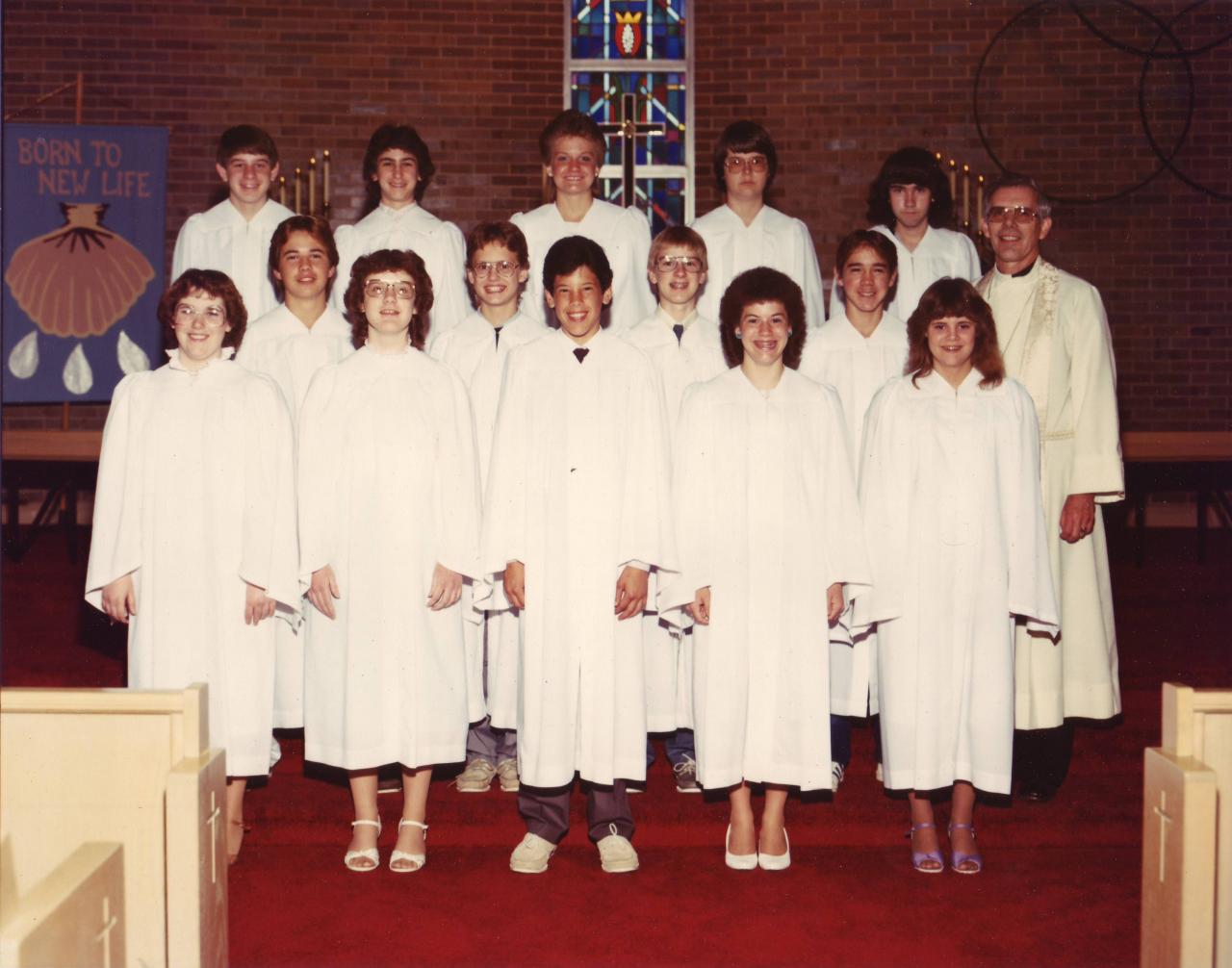 1984 1st row: Stacy Johnson, Gina Shanahan, Shane Slaughter, Kristy Krumwiede, Tonya Denker 2nd row: Nick Boelter, Scott Oehlerking, Steve Gran, Doug Thompson, Pastor Karl Konig 3rd row: Kris Ream, Kristene Ream, Wendy Viers, Jason Johansen, Craig Levine