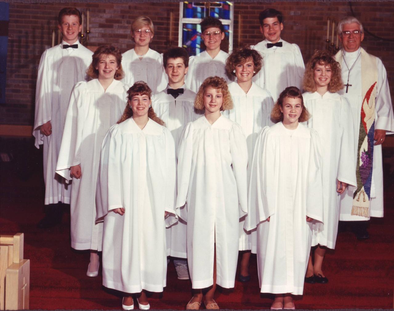 1988 1st row: Aimee Hoag, Jennifer Gran, Marni Bergstrom 2nd row: Wendy Johansen, Mason Henjes, Stacy McArthur, Erika Hansen 3rd row: Bill Bass, Jill Knudsen, Tracy John, Tony Durant, Pastor Otto Dale