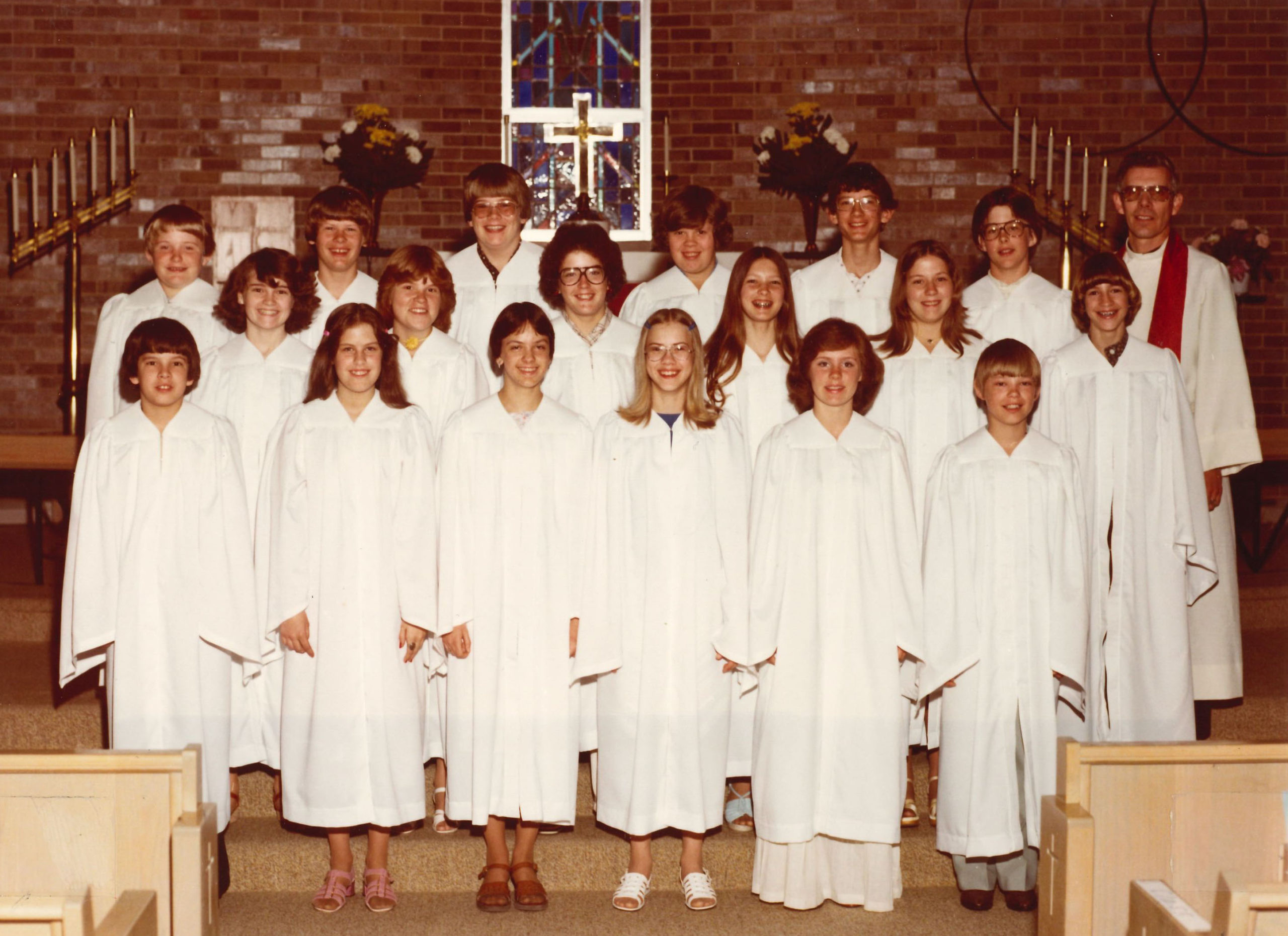 1978 1st row: Bruce Fustos, Linda King, Rebekah Moerer, Janelle Peters, Terri Antrim, Gary Hayes 2nd row: Nancy Rahn, Laura Johansen, Pamela Blessing, Mari Beth Gierman 3rd row: Michael Blessing, Derek Koster, Tom Pucelik, Roy Mathiason, Marc Fustos, Mike Frey, Pastor Karl Konig