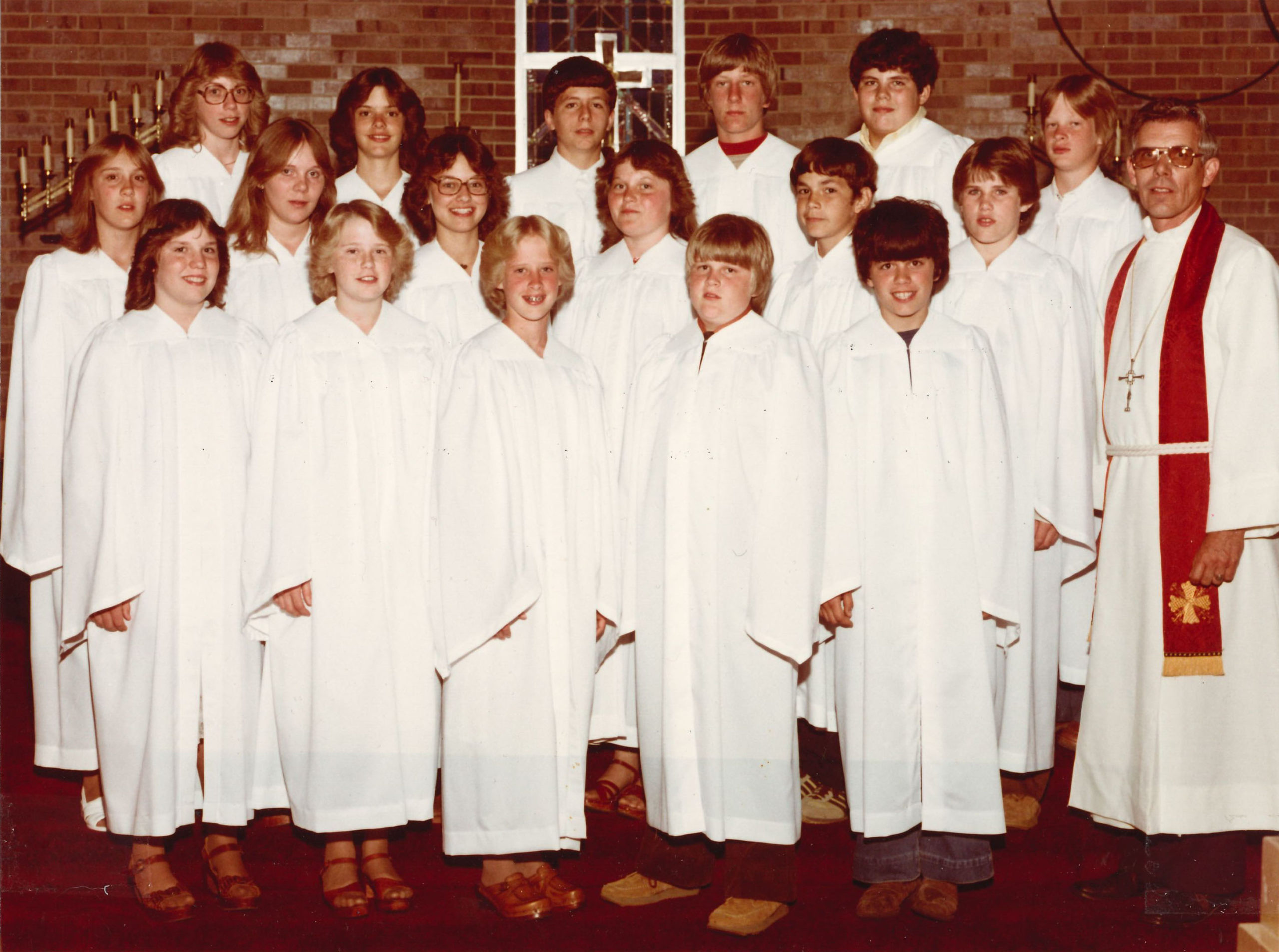 1979 1st row: Jodi Lange, Jodi Williams, Janie Jensen, Mark Bergstrom, Don Alan Meisner 2nd row: Amy Thompson, Tammy DeRoos, Stacia Blessing, Marilee Eveleth, David Peck, Randall Lieber, Pastor Karl Konig 3rd row: Karen Grove, Shellie Allen, Russell Lockwood, Gene Sorensen, Tom Durant, David Wilson