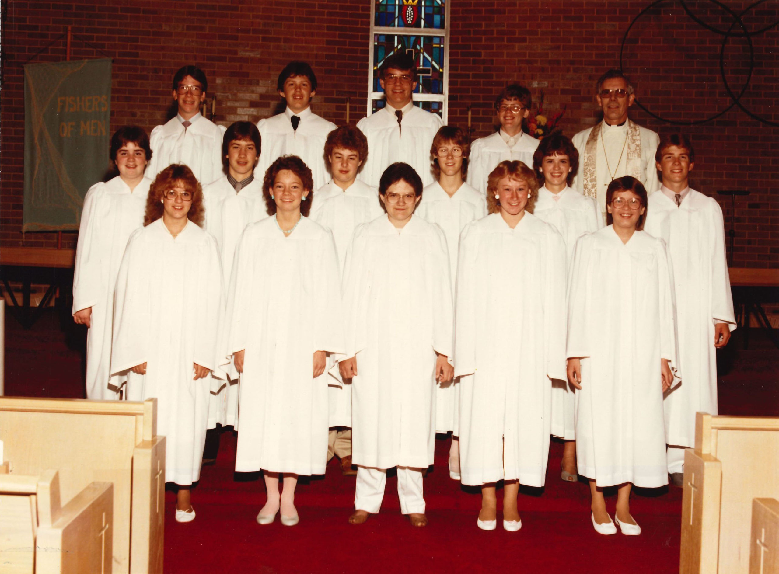 1985 1st row: Rhonda Oberg, Stefani Blessing, Juliee Bishop, Robin Wendte, Rosalind Gill. 2nd row: Lora Bose, Bart Sivill, Matt Henjes, Shauna Hansen, Jill McLarty, Jon Hoag. 3rd row: Brent Eriksen, Rod Mathiason, Kris Lutt, Edward Matney