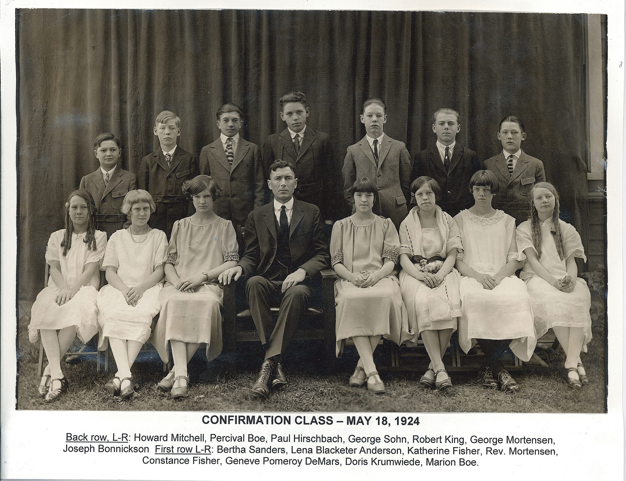 1924 1st Row Bertha Sanders, Lena Blacketer Anderson, Katherine Fisher, Rev. Mortensen, Constance Fisher, Geneve Pomeroy DeMars, Doris Krumwiede, Marion Boe Back Row Howard Mitchell, Percival Boe, Paul Hirschbach, George Sohn, Robert King, George Mortensen