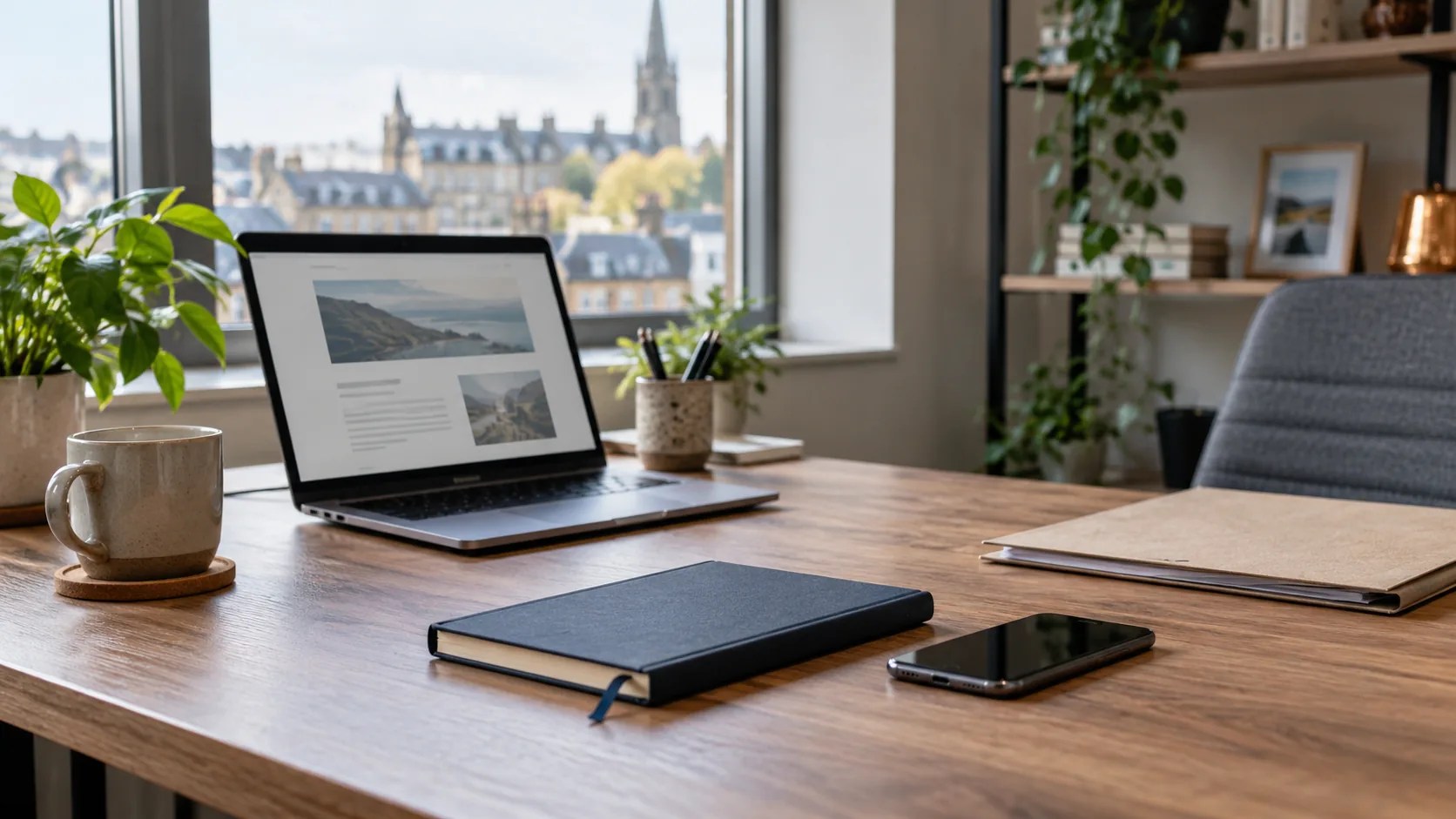 Desk with laptop and notebook used to plan website continuity and account access